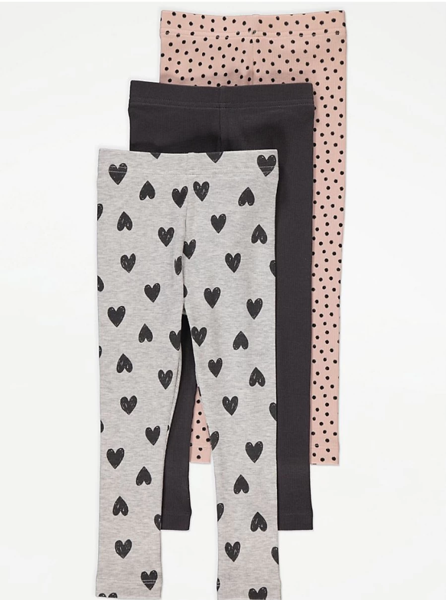 "George at Asda Kids' Heart Spot Pattern Ribbed Leggings 3-Pack | Comfort & Style"