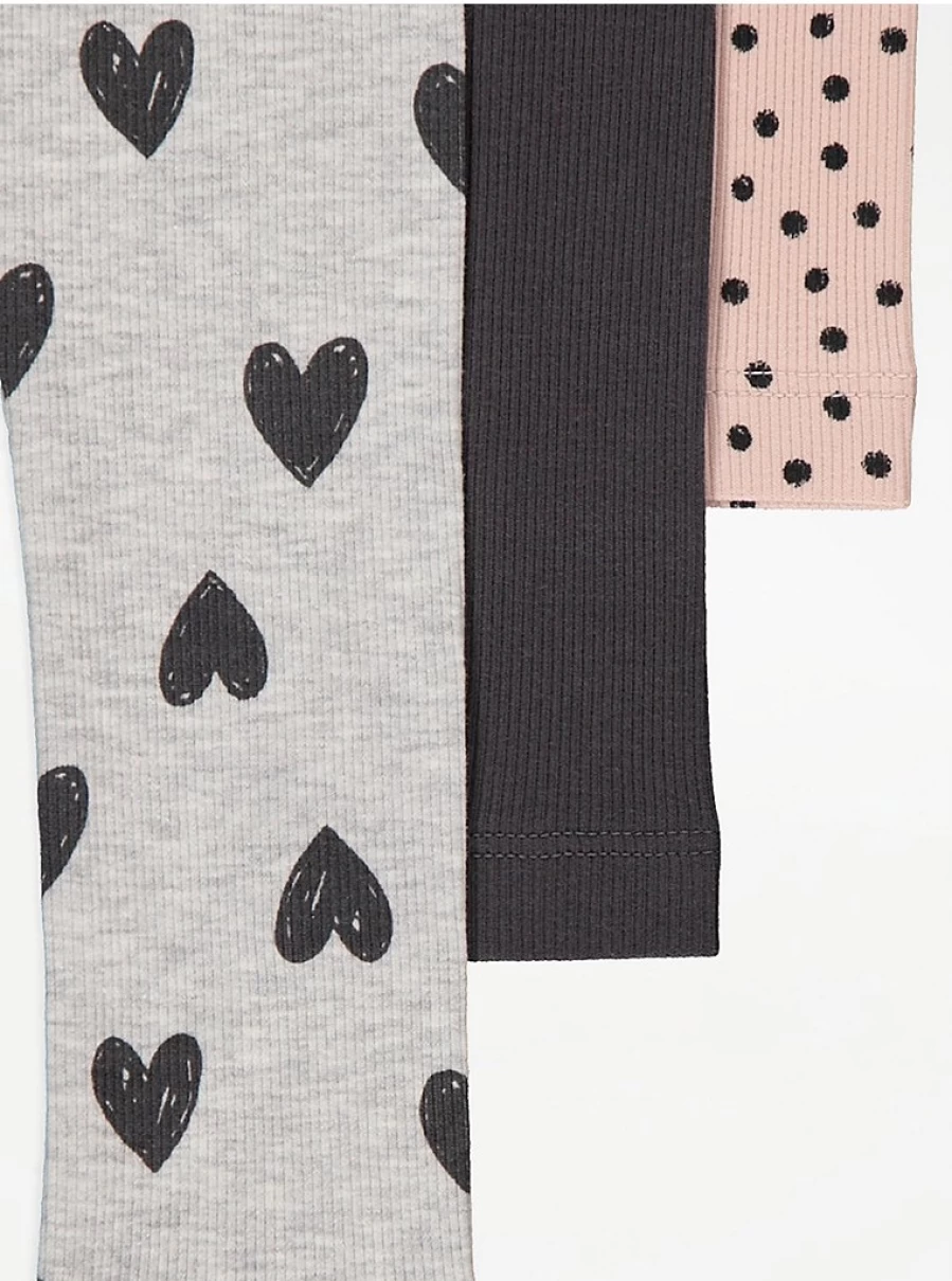"George at Asda Kids' Heart Spot Pattern Ribbed Leggings 3-Pack | Comfort & Style"