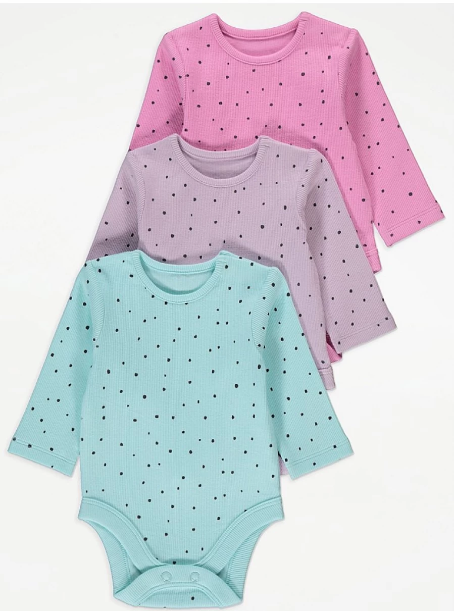 George at Asda Baby Boys/Girls Bright Spot Long Sleeve Bodysuits 3-Pack - Soft Cotton Infant Onesies