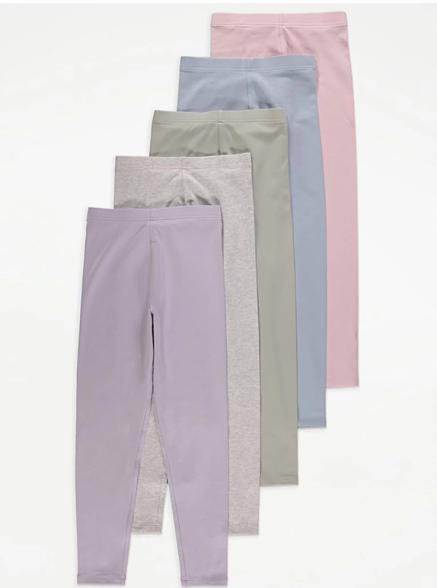 "George at Asda Girls' Pastel Plain Leggings 5-Pack | Soft Comfortable Kids Leggings"
