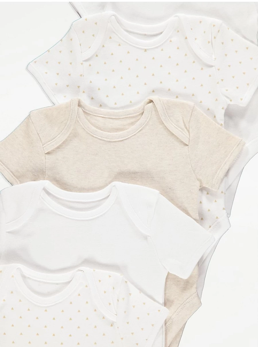 "George at Asda Baby Girls' 5-Pack White Mini Triangle Print Short Sleeve Bodysuits"