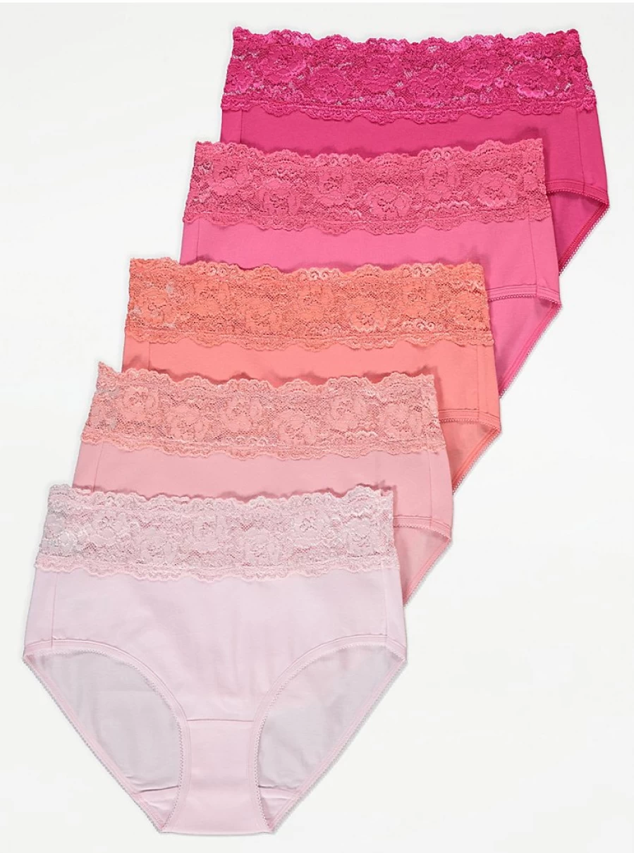 "George at Asda Bright Pink Lace Midi Knickers 5-Pack | Women's Lingerie Set | Comfortable & Stylish Underwear"