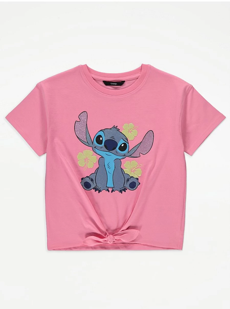 Disney Lilo & Stitch Pink Glitter Knot Front T-Shirt for Kids | George at Asda
