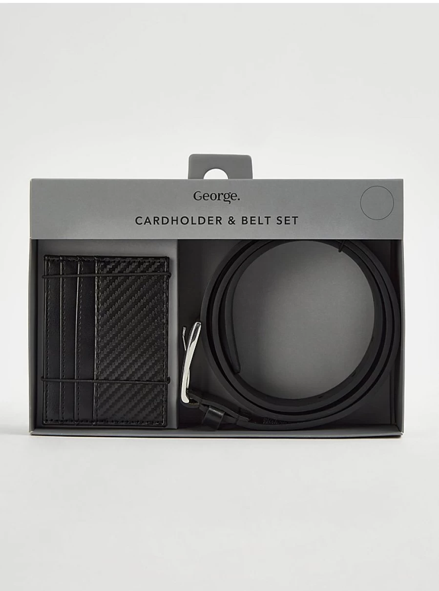 "George at Asda Men's Black Faux Leather Belt & Card Holder Set – Stylish Matching Combo"