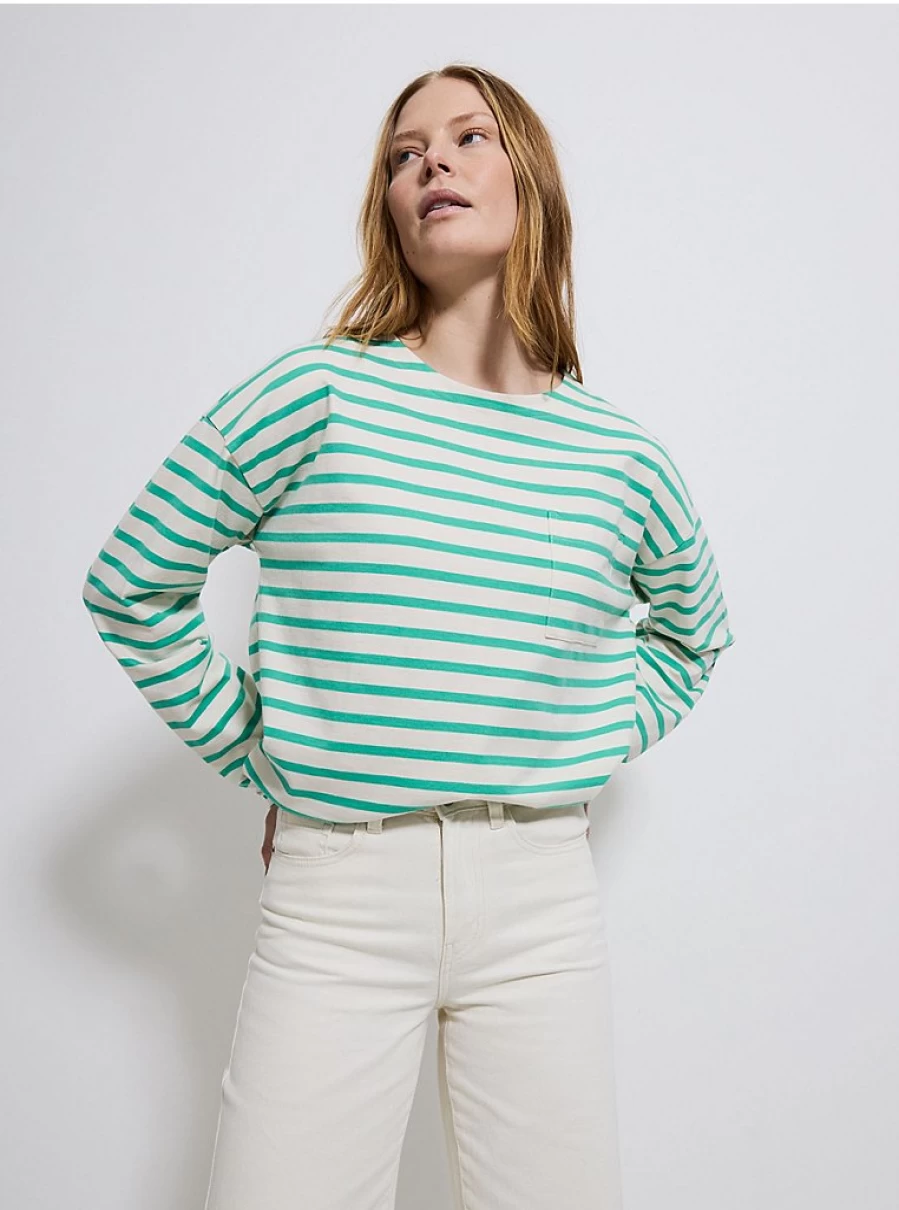 "George at Asda Women's Green Breton Striped Long Sleeve Top with Pocket – Stylish & Comfortable"