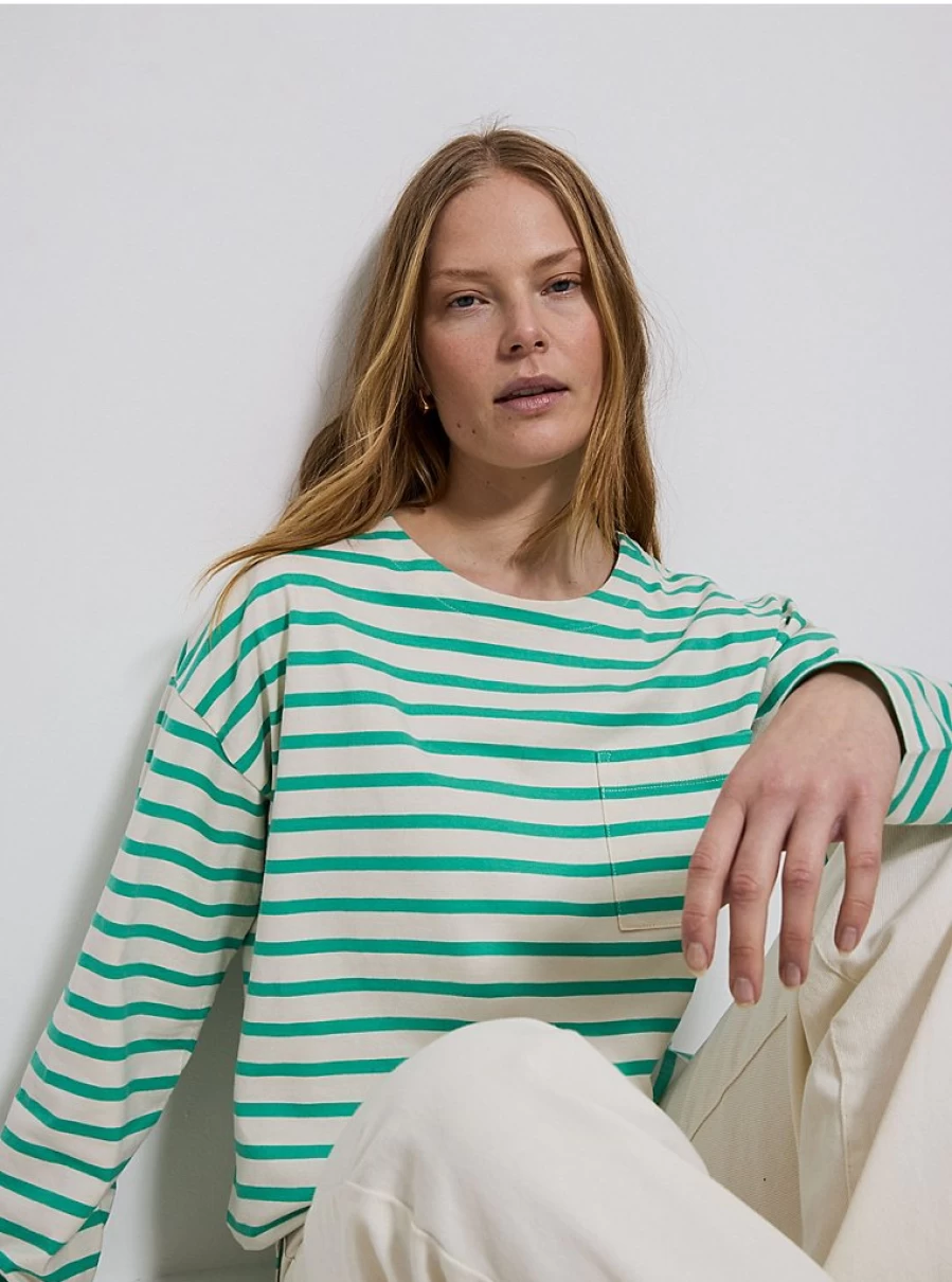 "George at Asda Women's Green Breton Striped Long Sleeve Top with Pocket – Stylish & Comfortable"