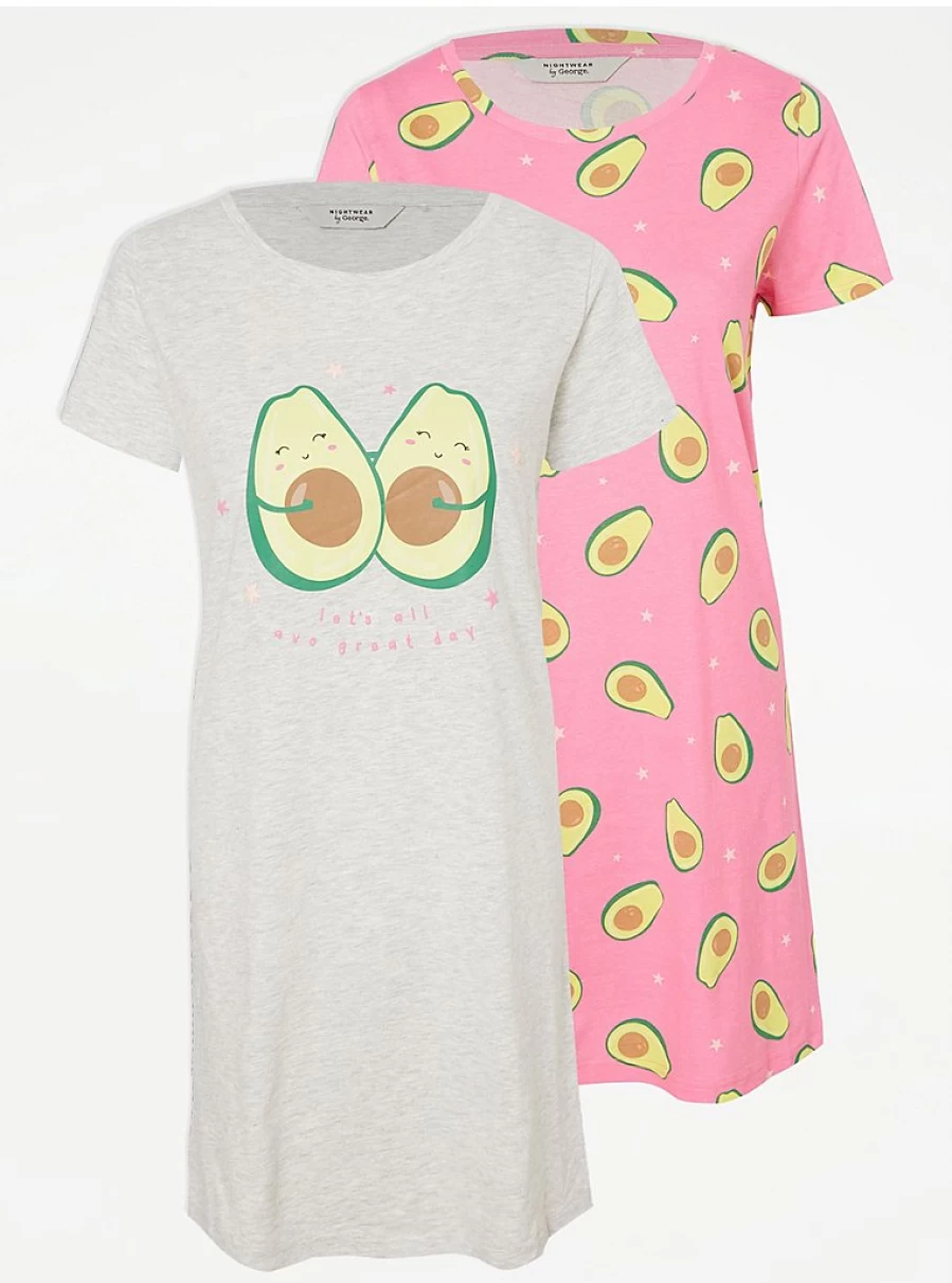 "George at Asda Women's Avocado Print Nightdress 2 Pack | Soft Comfortable Lingerie Sleepwear"