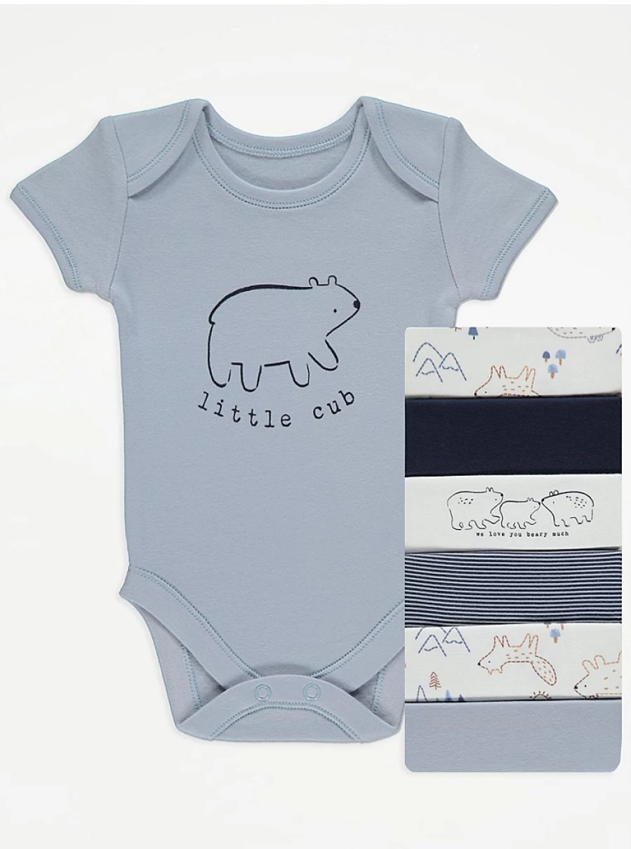 George at Asda Baby Boys & Girls Little Cub Bear Print Short Sleeve Bodysuits - 7 Pack Soft Cotton Onesies