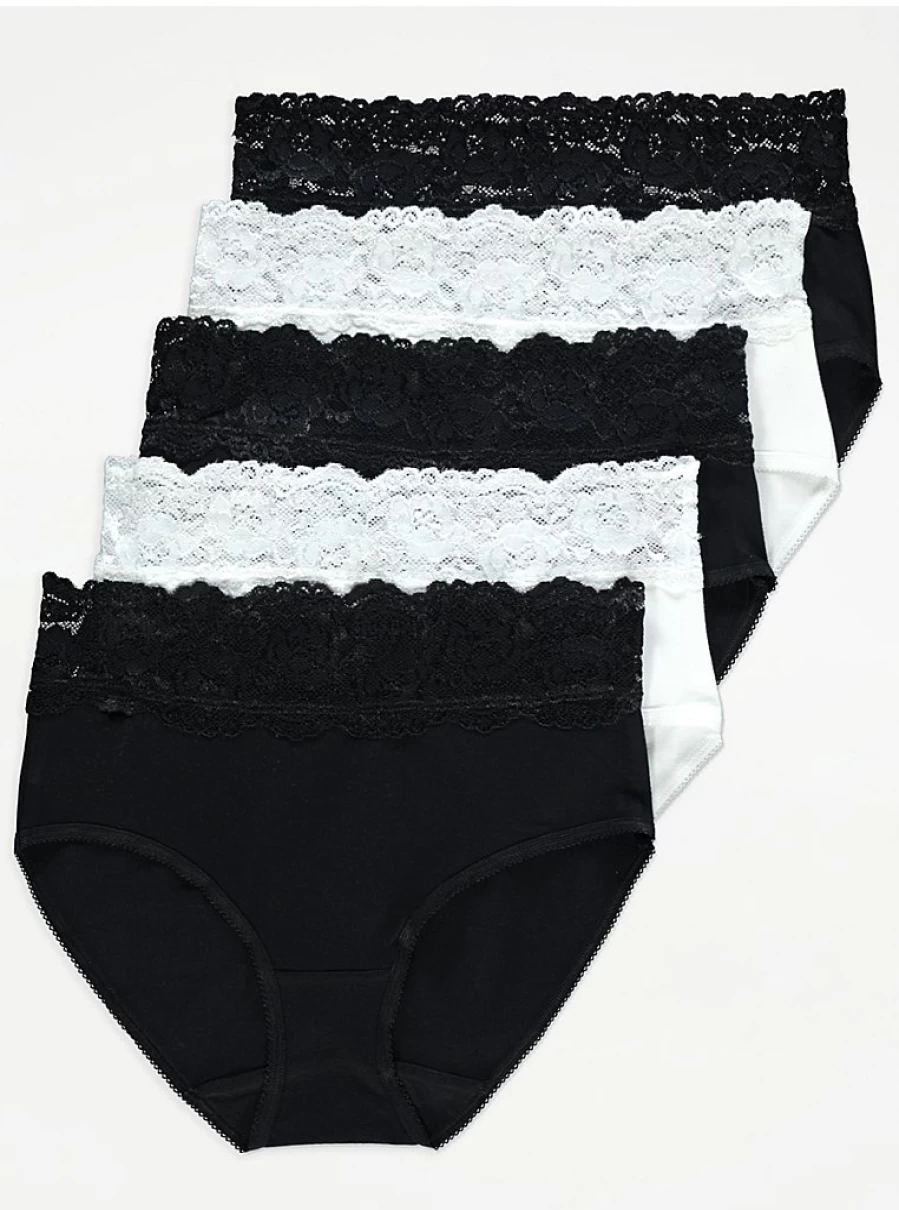 "George at Asda Women's Lace Trim Midi Briefs 5-Pack | Comfortable Cotton Underwear Set"