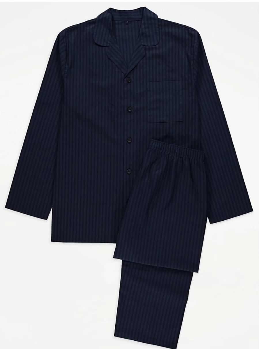 Men's Navy Striped Cotton Shirt Pyjamas | George at Asda Sleepwear Collection