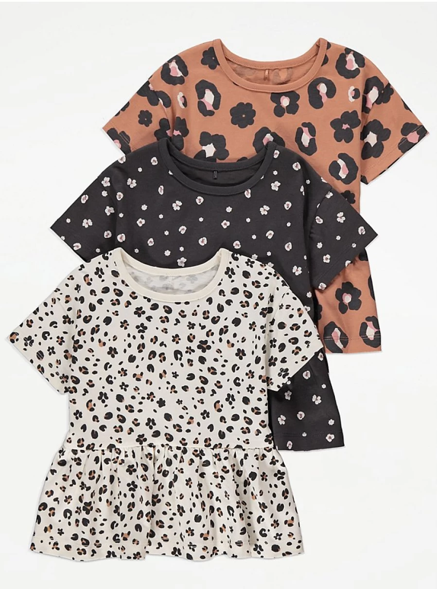 "George at Asda Girls' Floral Animal Print Peplum T-Shirts 3-Pack for Kids"