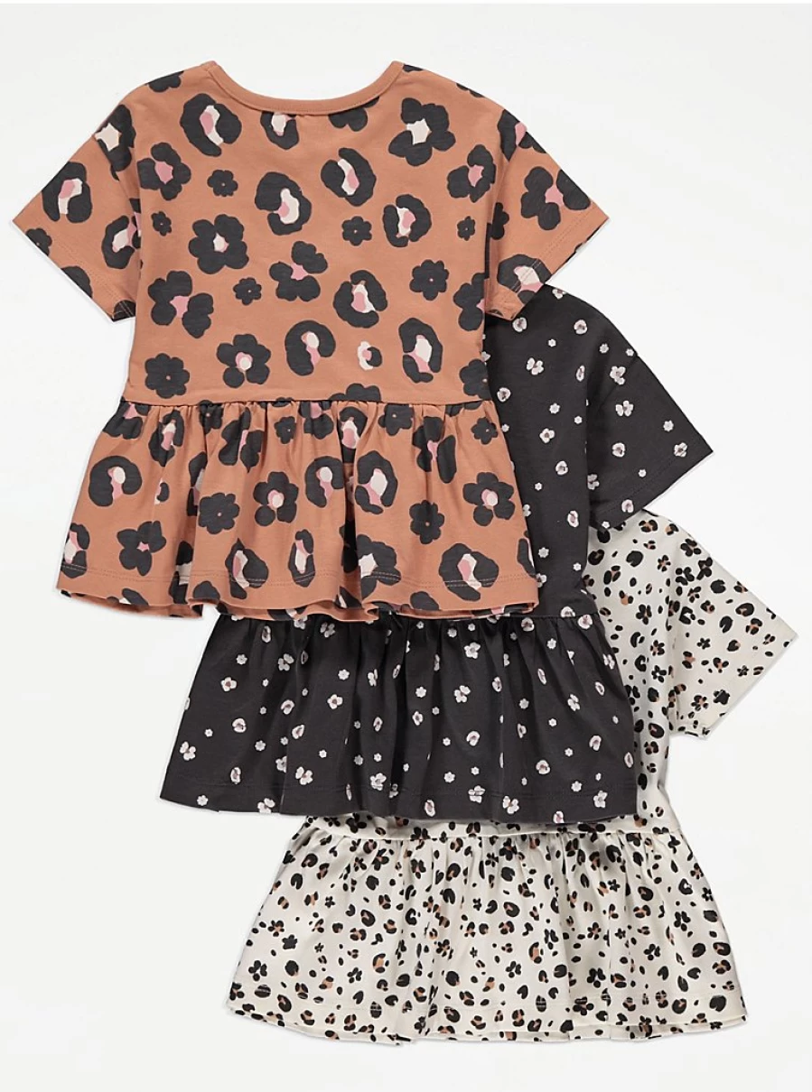 "George at Asda Girls' Floral Animal Print Peplum T-Shirts 3-Pack for Kids"