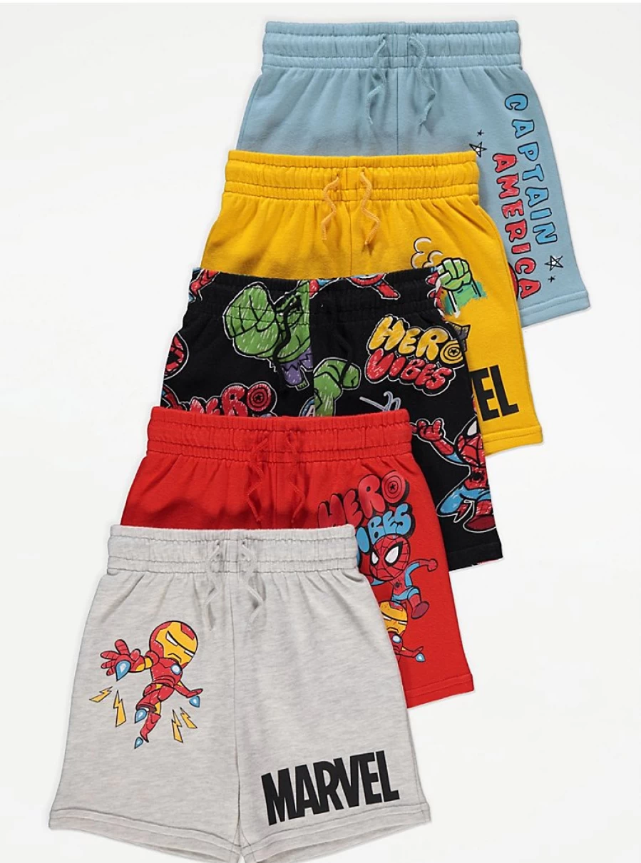 Boys' Marvel Superhero 5-Pack Jersey Shorts | George at Asda | Kids' Comfortable Playwear