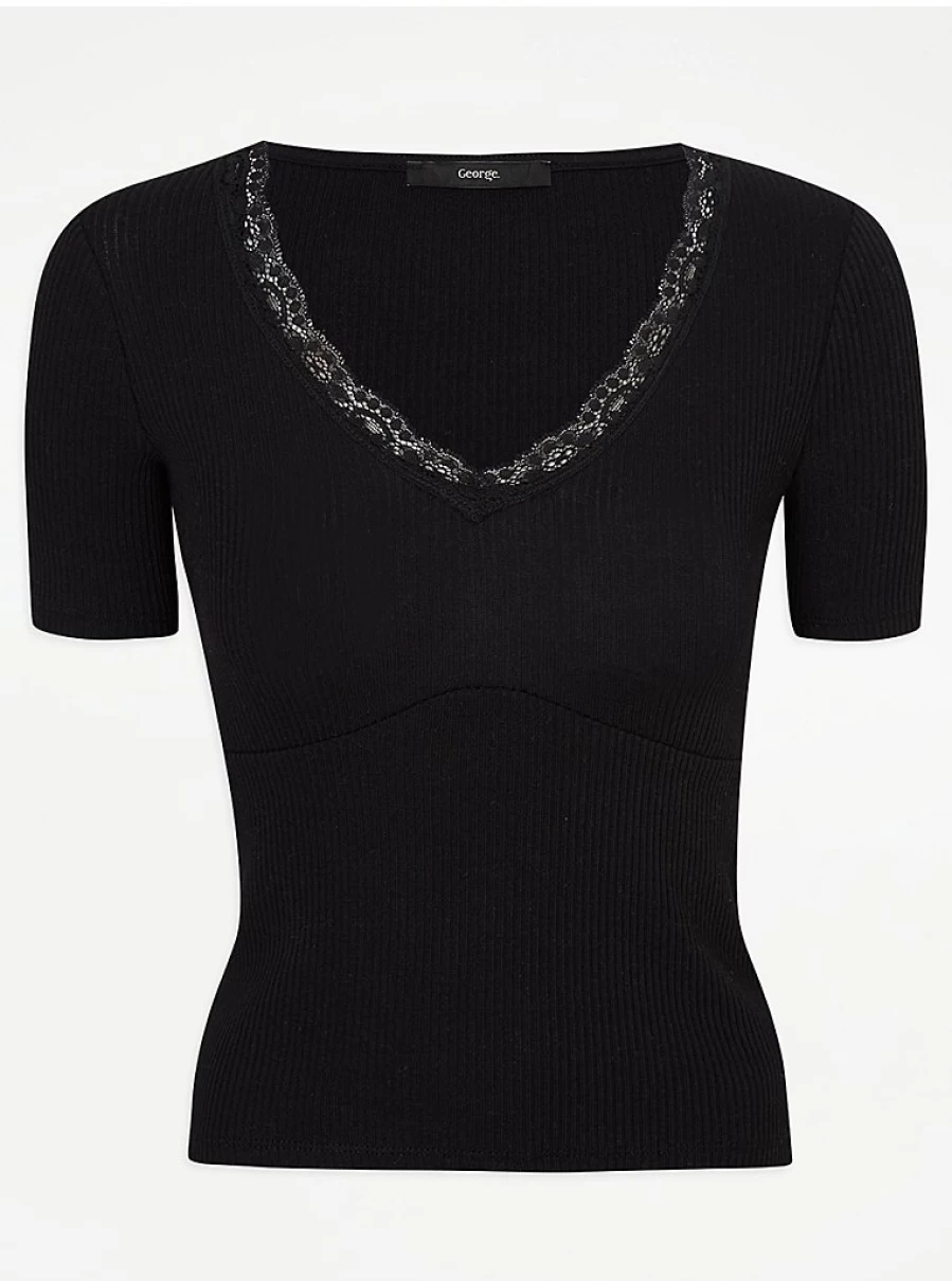 Black Lace V-Neck Ribbed Top for Women | George at Asda | Stylish & Comfortable