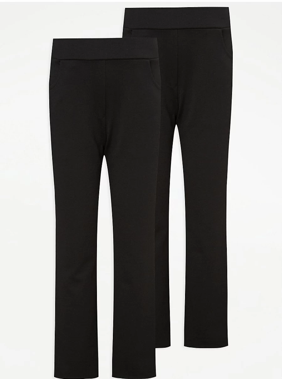 "George at Asda Girls' Black Plus Fit Straight Leg School Trousers 2-Pack – Comfortable & Durable"