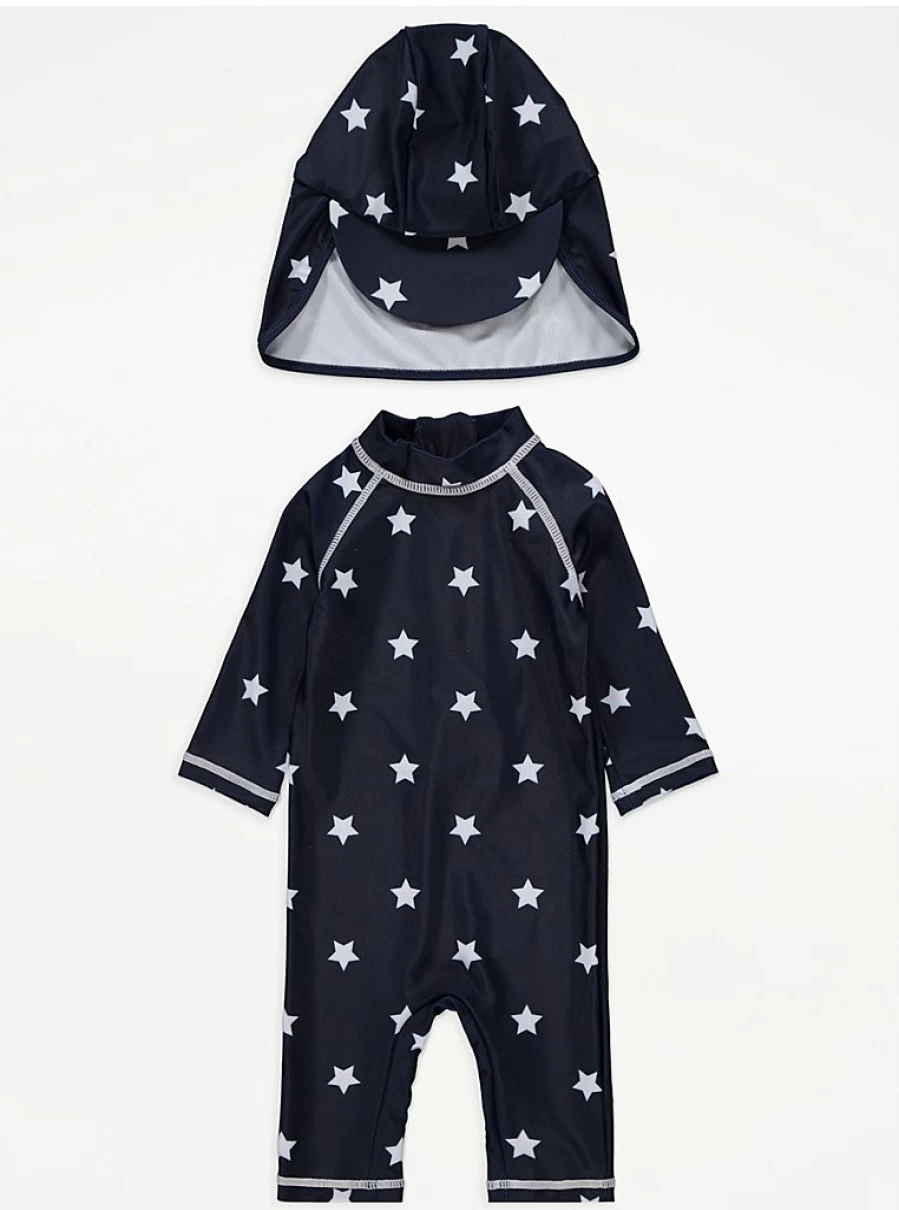 "Navy Star Print Baby Swimsuit with Sunsafe UPF & Matching Keppi Hat | George at Asda"
