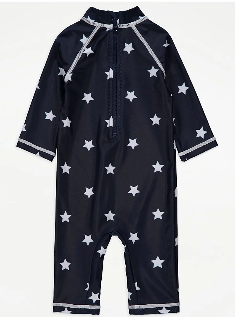 "Navy Star Print Baby Swimsuit with Sunsafe UPF & Matching Keppi Hat | George at Asda"