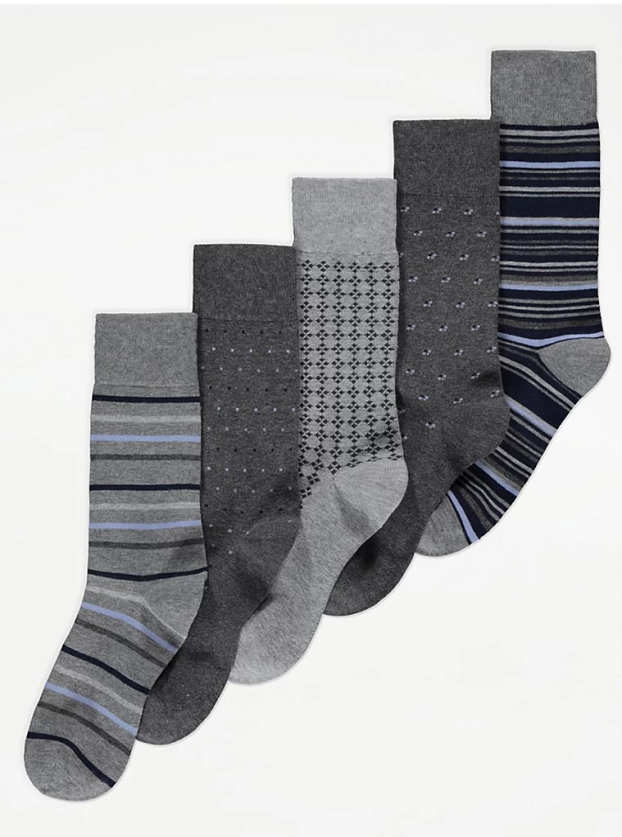 "George at Asda Men's Grey Marl Patterned Socks 5-Pack – Soft & Durable Multi-Pack"