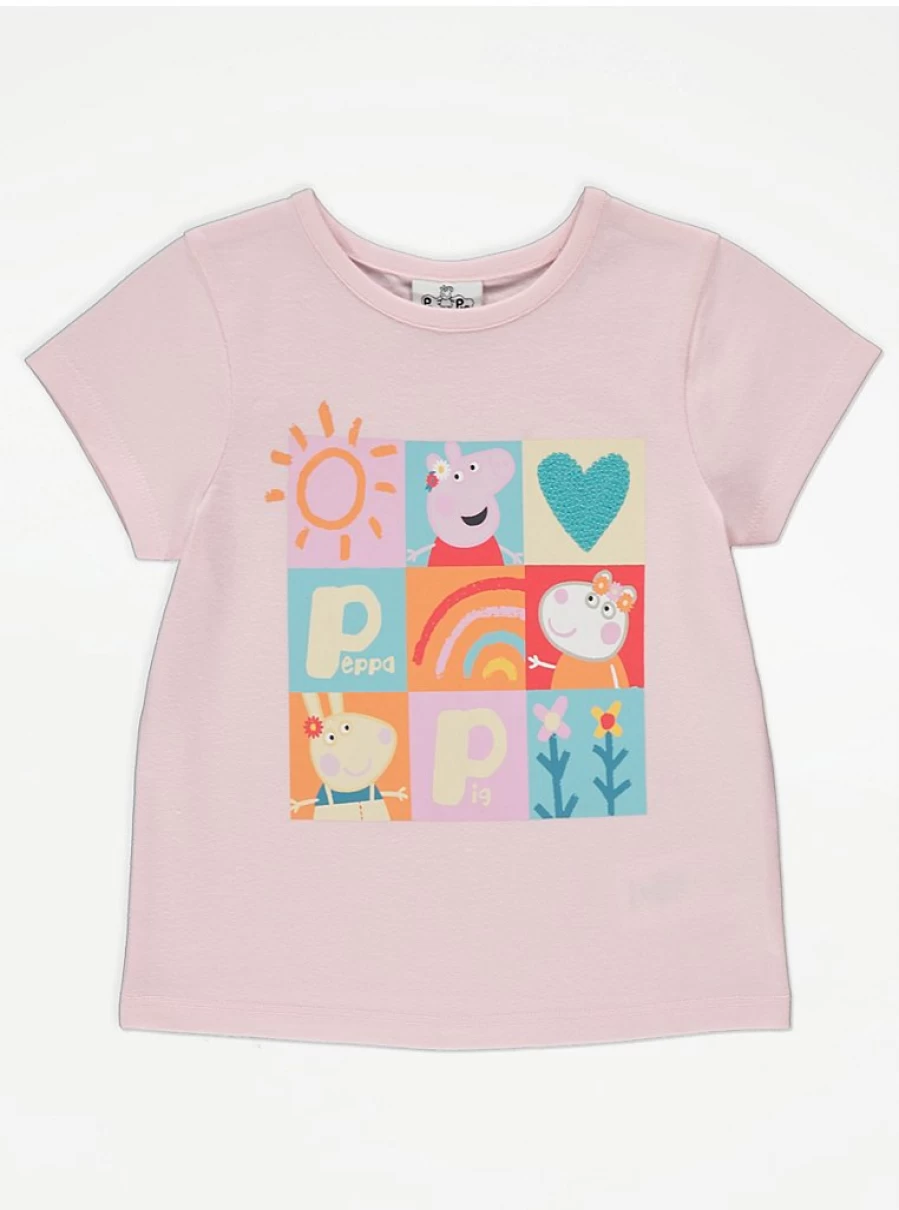 "Peppa Pig Pink Kids T-Shirt with Character Squares - George at Asda"