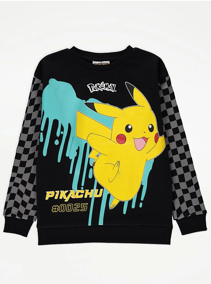 "George at Asda Boys' Pokemon Pikachu Black Check Sleeve Sweatshirt | Kids' Pikachu Hoodie"