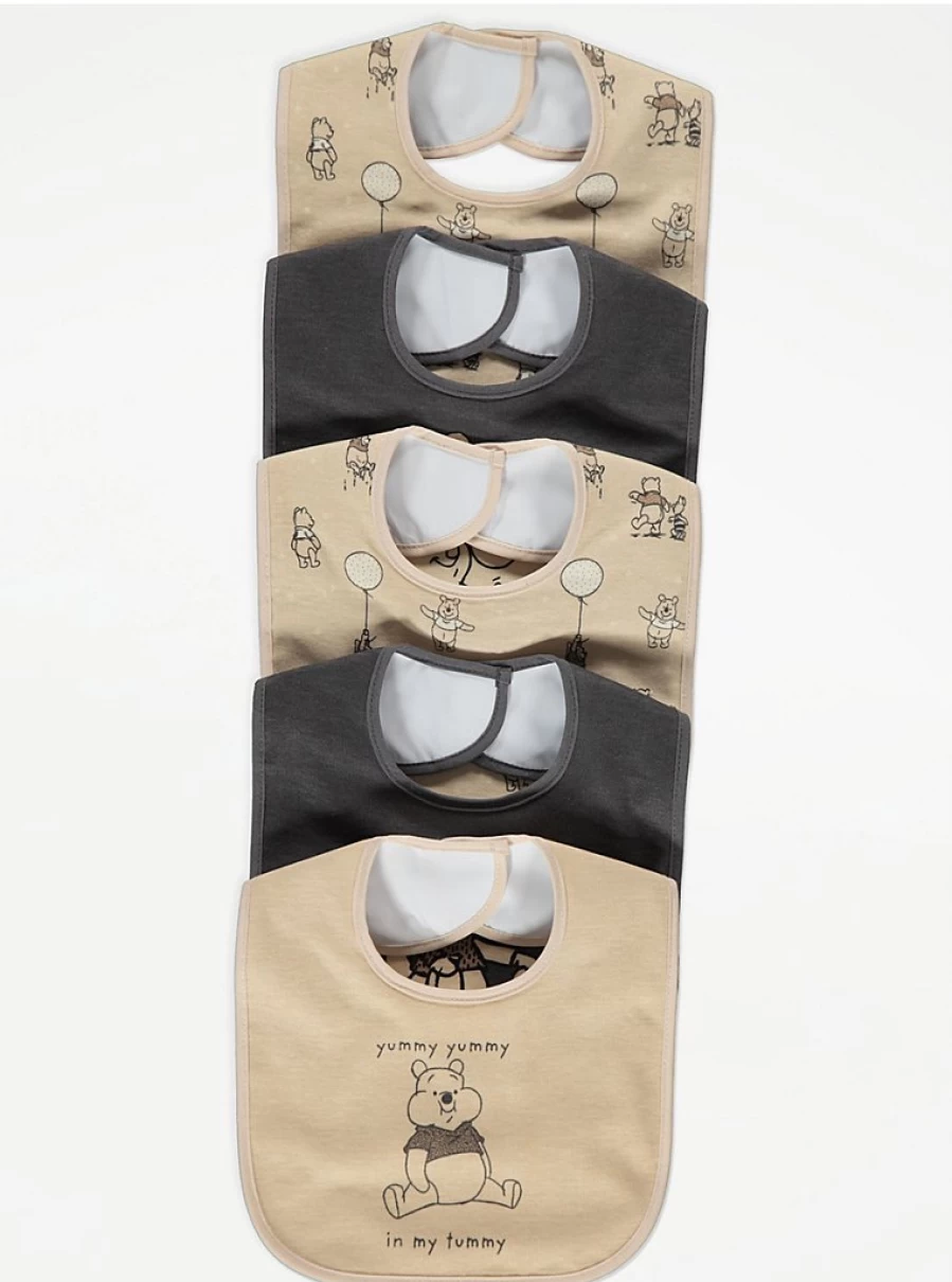 Disney Winnie The Pooh Baby Bibs 5-Pack | Soft Absorbent Feeding Bibs for Infants | George at Asda