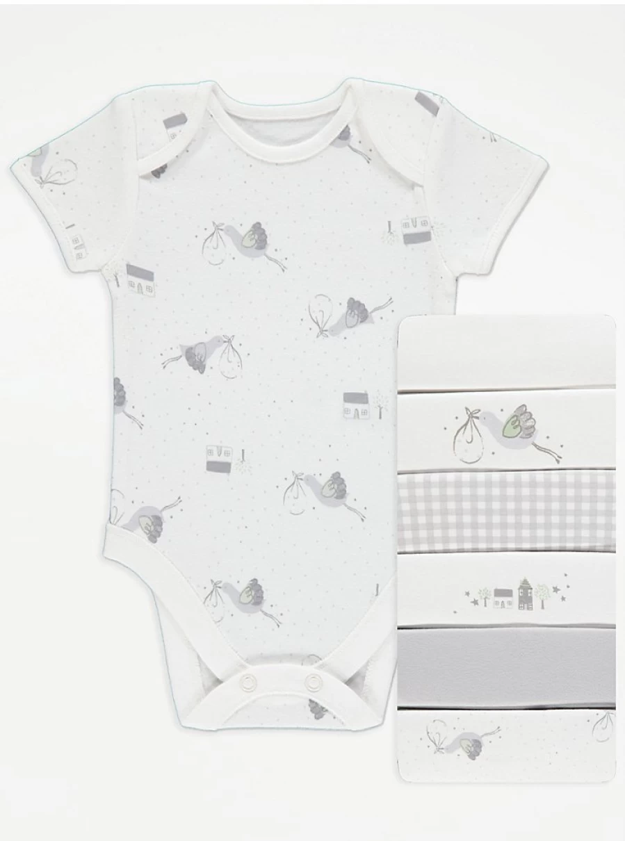 George at Asda Baby Boys & Girls White Stork Short Sleeve Bodysuits 7-Pack - Soft Cotton Onesies for Newborns & Infants