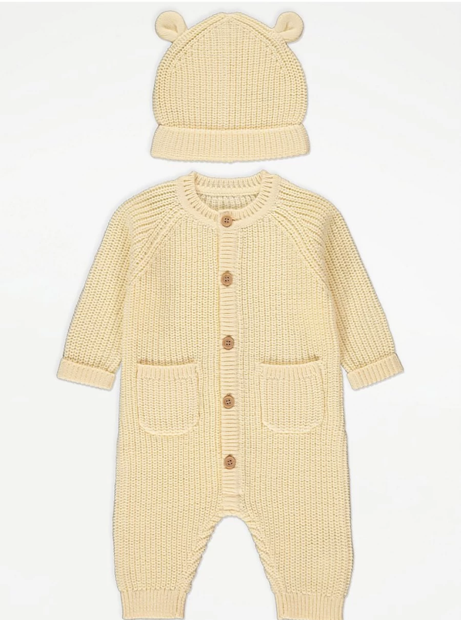 "George at Asda Boys' Lemon Chunky Knit Baby All-in-One and Hat Set Reviews"