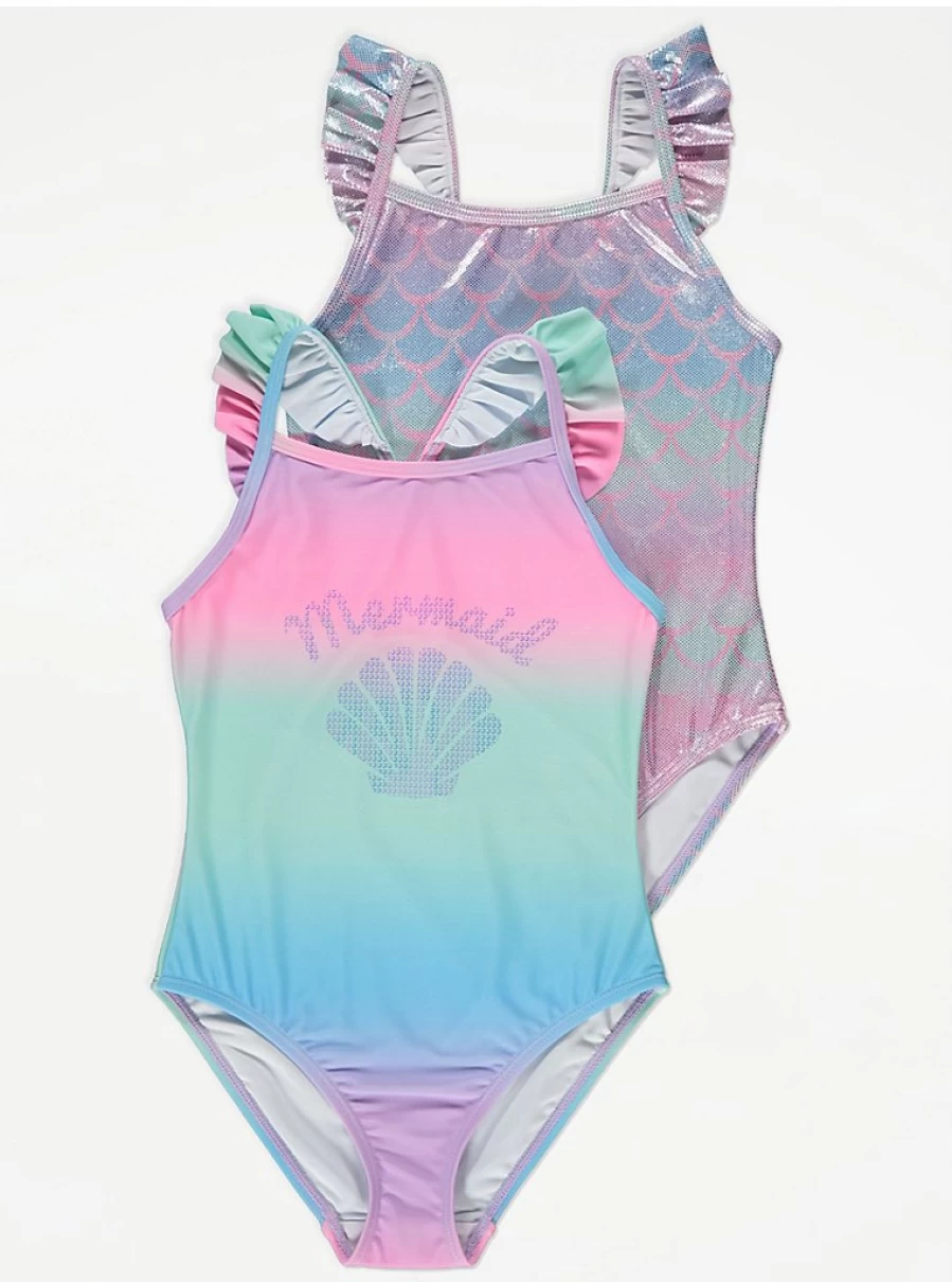 2 Pack Mermaid Frill Swimsuits for Girls | George at Asda | Cute & Comfortable Kids Swimwear
