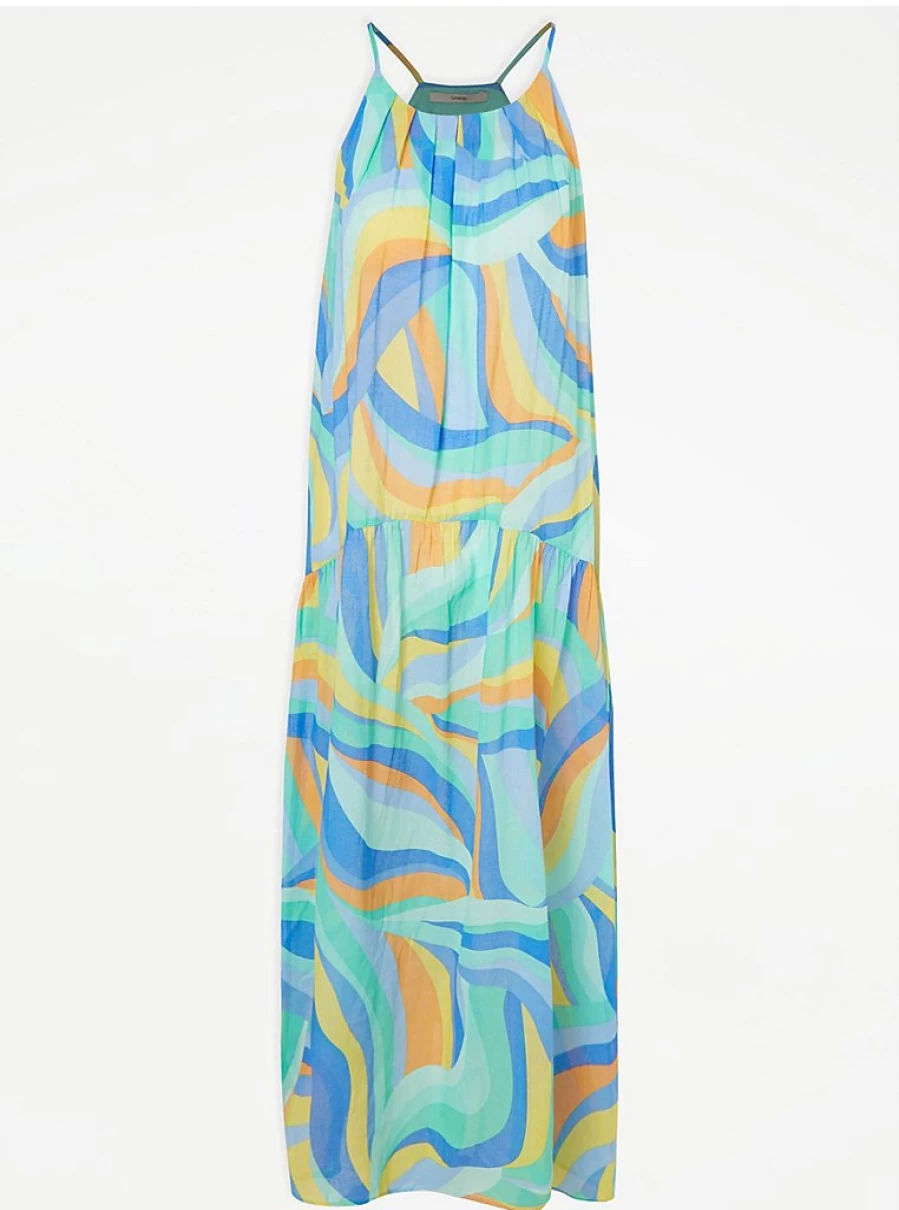 "Blue Abstract Print Trapeze Midi Dress for Women | George at Asda"