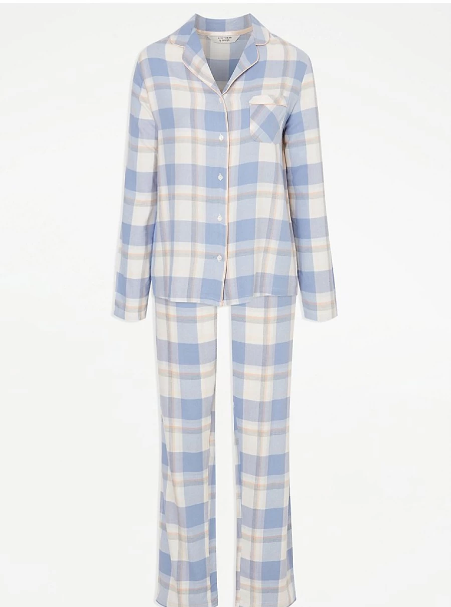 "George at Asda Blue Checked Cotton Pyjama Set - Comfortable Sleepwear & Loungewear"