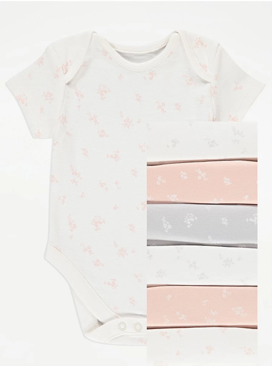 "George at Asda Baby Floral Short Sleeve Bodysuits - 7 Pack Set for Infants"