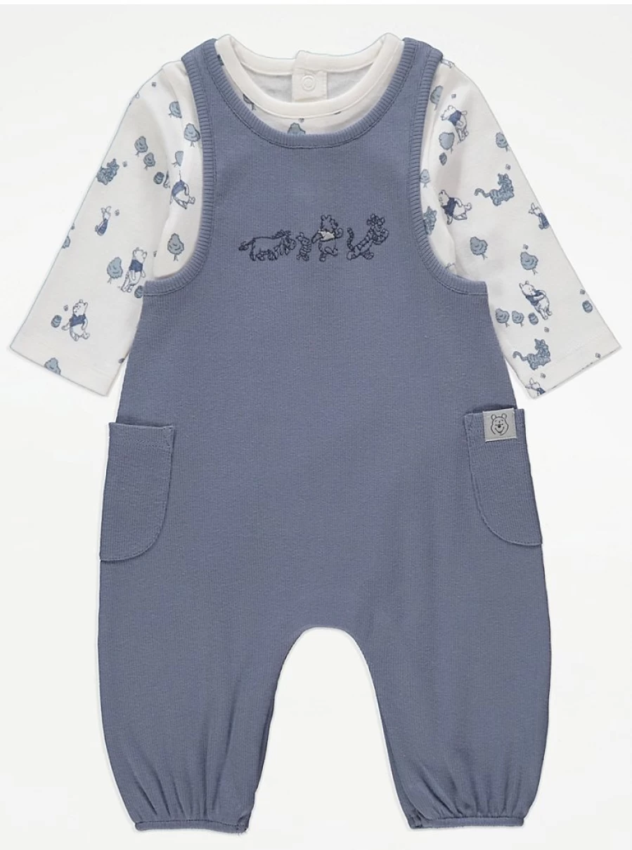 "George at Asda Boys' Winnie The Pooh Blue Dungaree & Long Sleeve Bodysuit Outfit | Disney Baby Clothing"