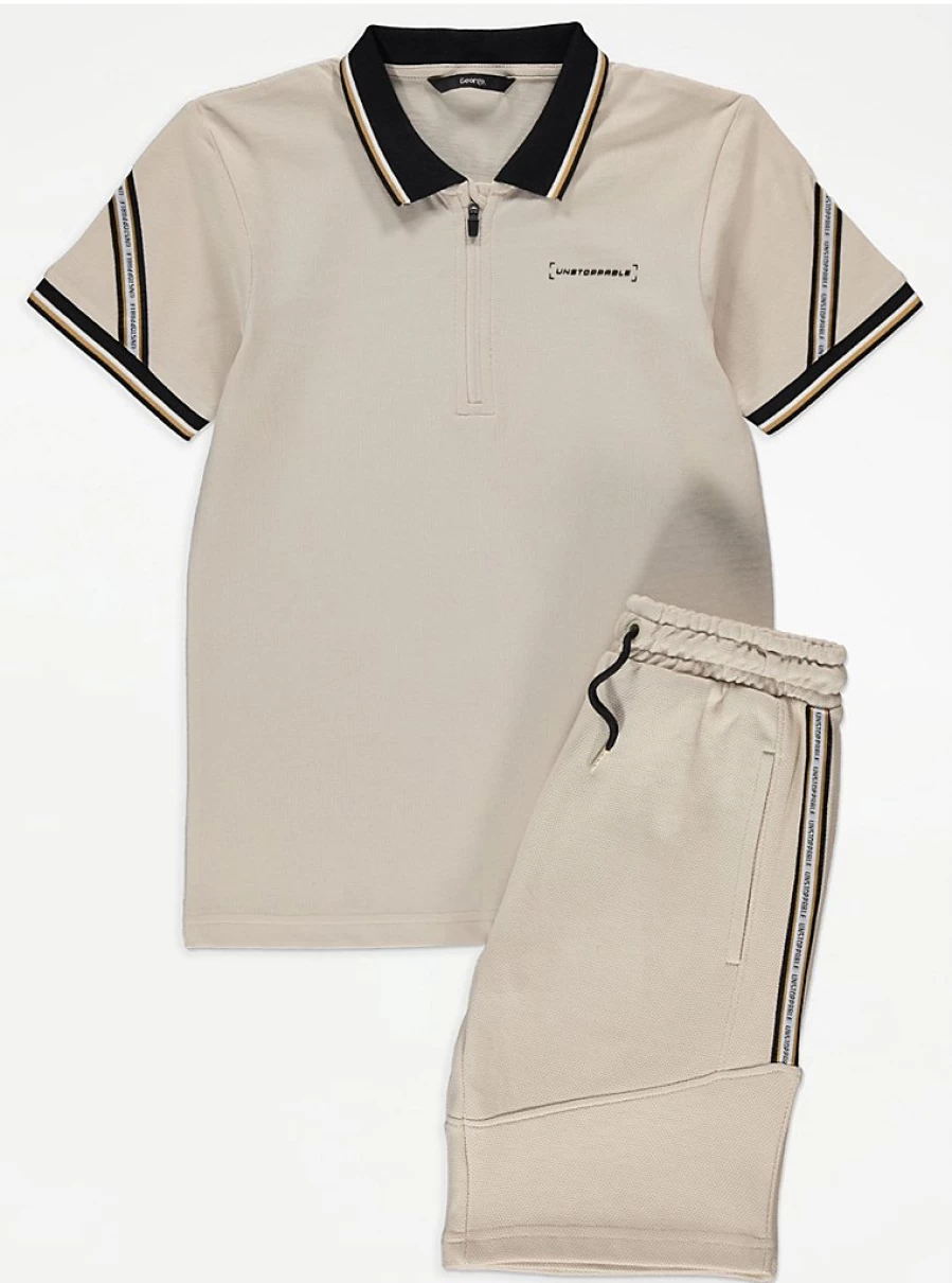 "George at Asda Boys' Stone Stripe Polo Shirt and Shorts Set – Comfortable Kids Outfit"