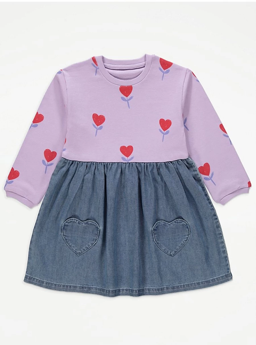 "George at Asda Girls' Lilac Tulip Heart Print Sweatshirt Dress Reviews"