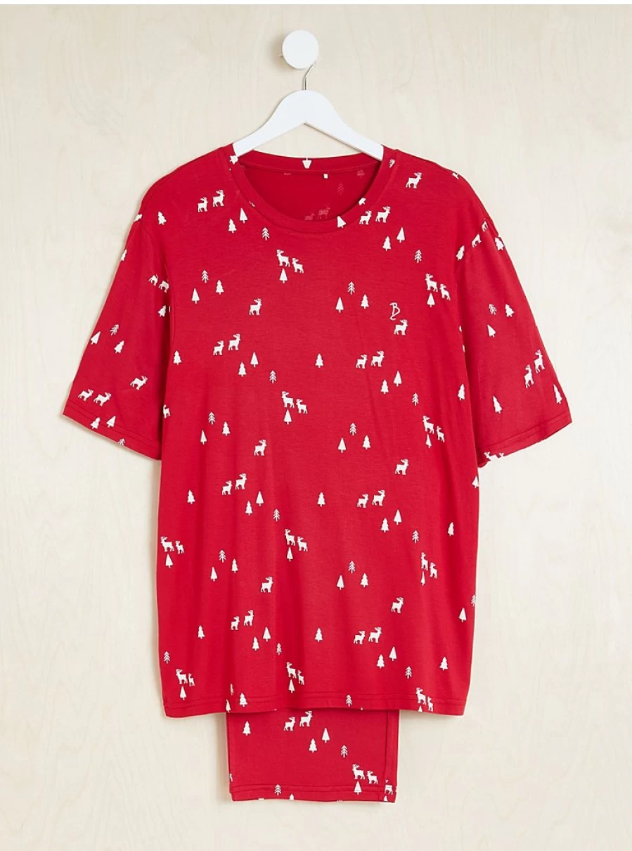 Men's Christmas Pyjamas - Red Reindeer Jersey Sleepwear by George at Asda | Festive Holiday Pajamas