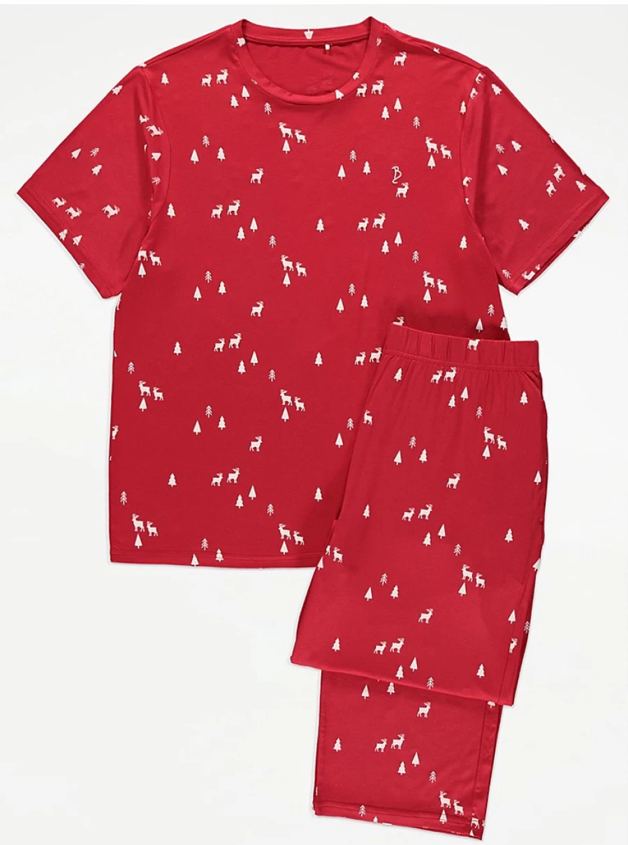 Men's Christmas Pyjamas - Red Reindeer Jersey Sleepwear by George at Asda | Festive Holiday Pajamas