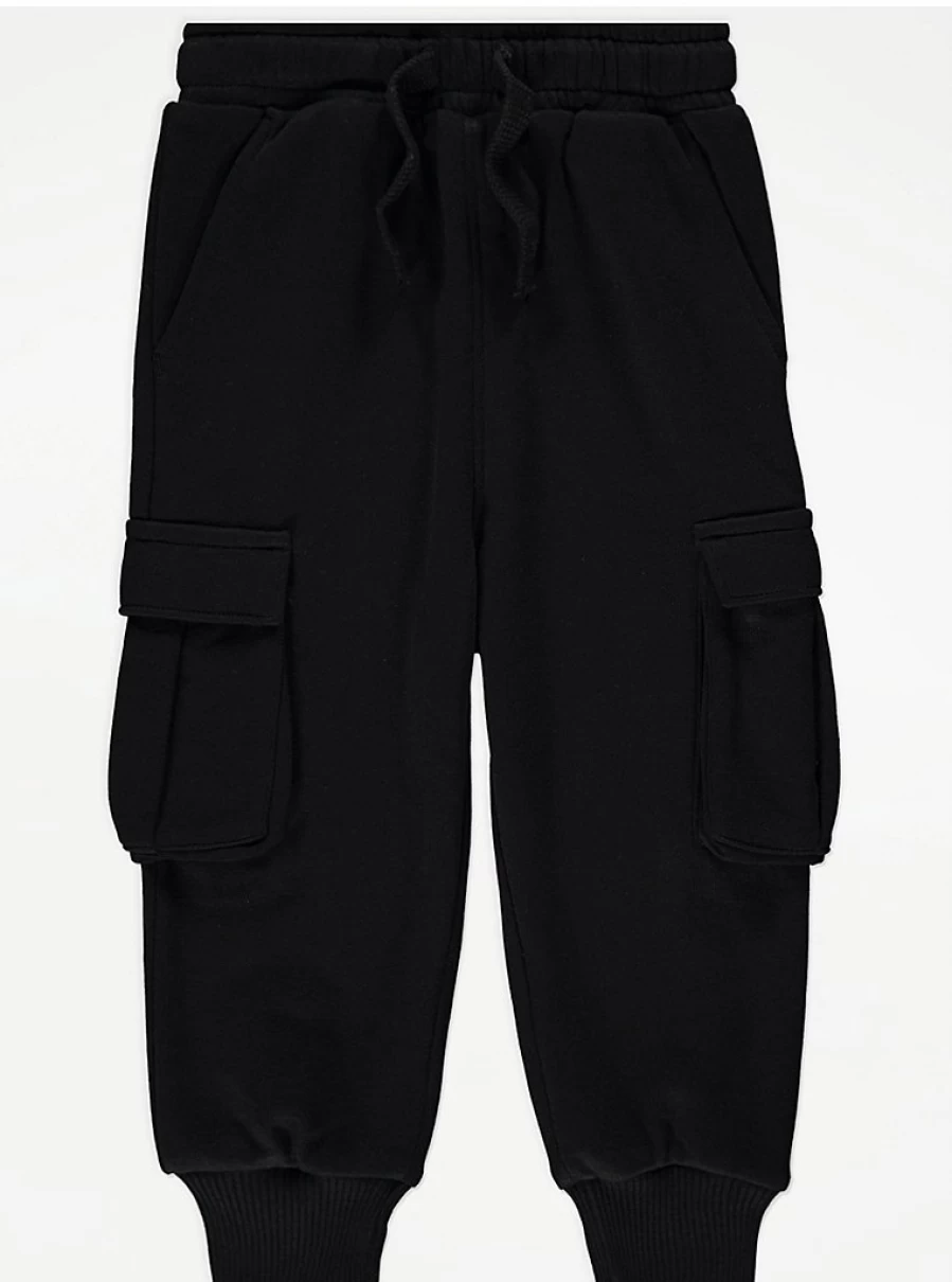 "George at Asda Boys Black Cargo Joggers with Cuffed Hem | Comfortable Kids' Trousers"