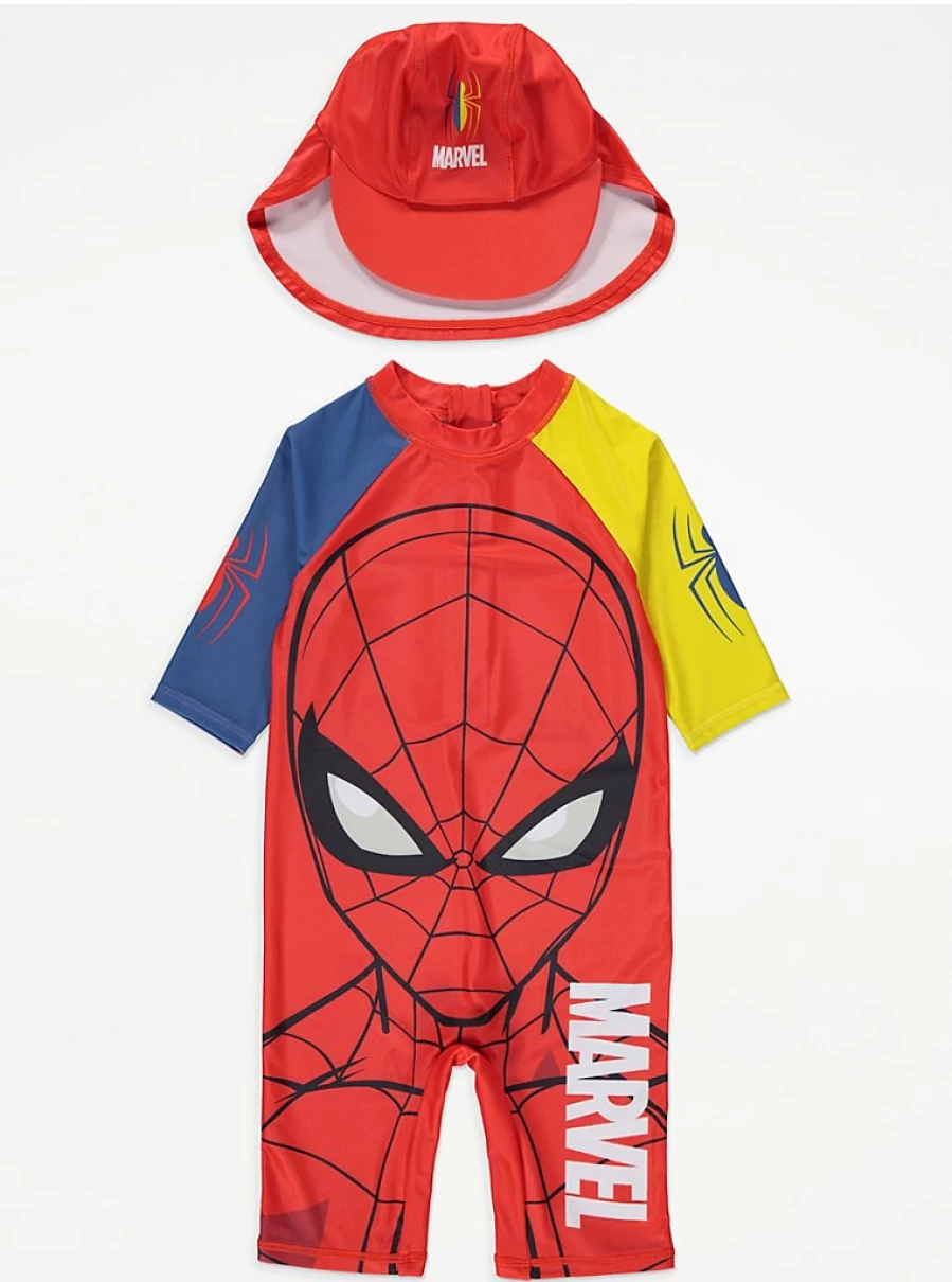 "George at Asda Boys' Marvel Spider-Man Red Swimsuit with Keppi Hat – Kids' Superhero Beach Outfit"