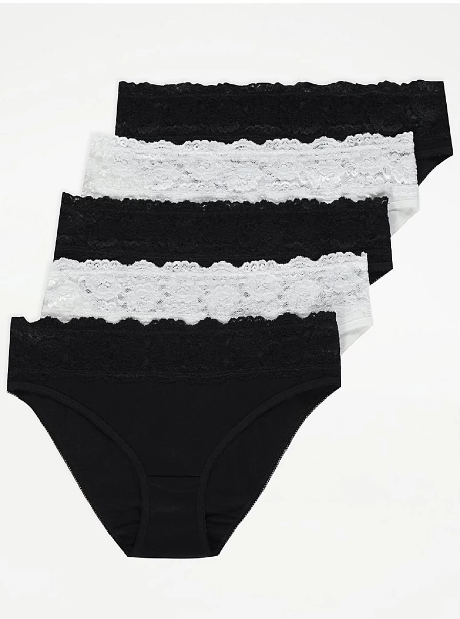 George at Asda Women's Monochrome Lace Trim High Leg Knickers 5-Pack - Comfortable Everyday Underwear Set