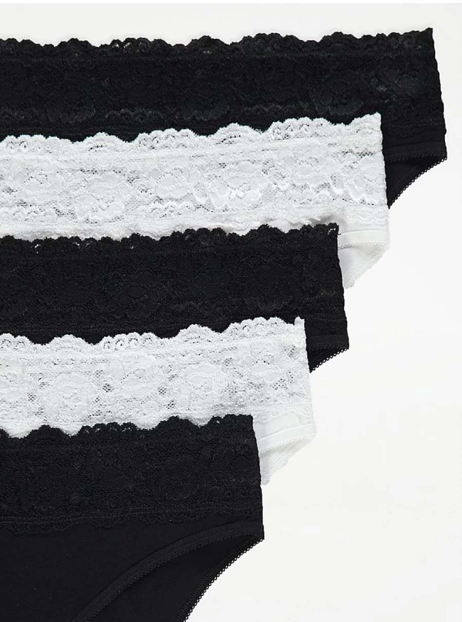 George at Asda Women's Monochrome Lace Trim High Leg Knickers 5-Pack - Comfortable Everyday Underwear Set