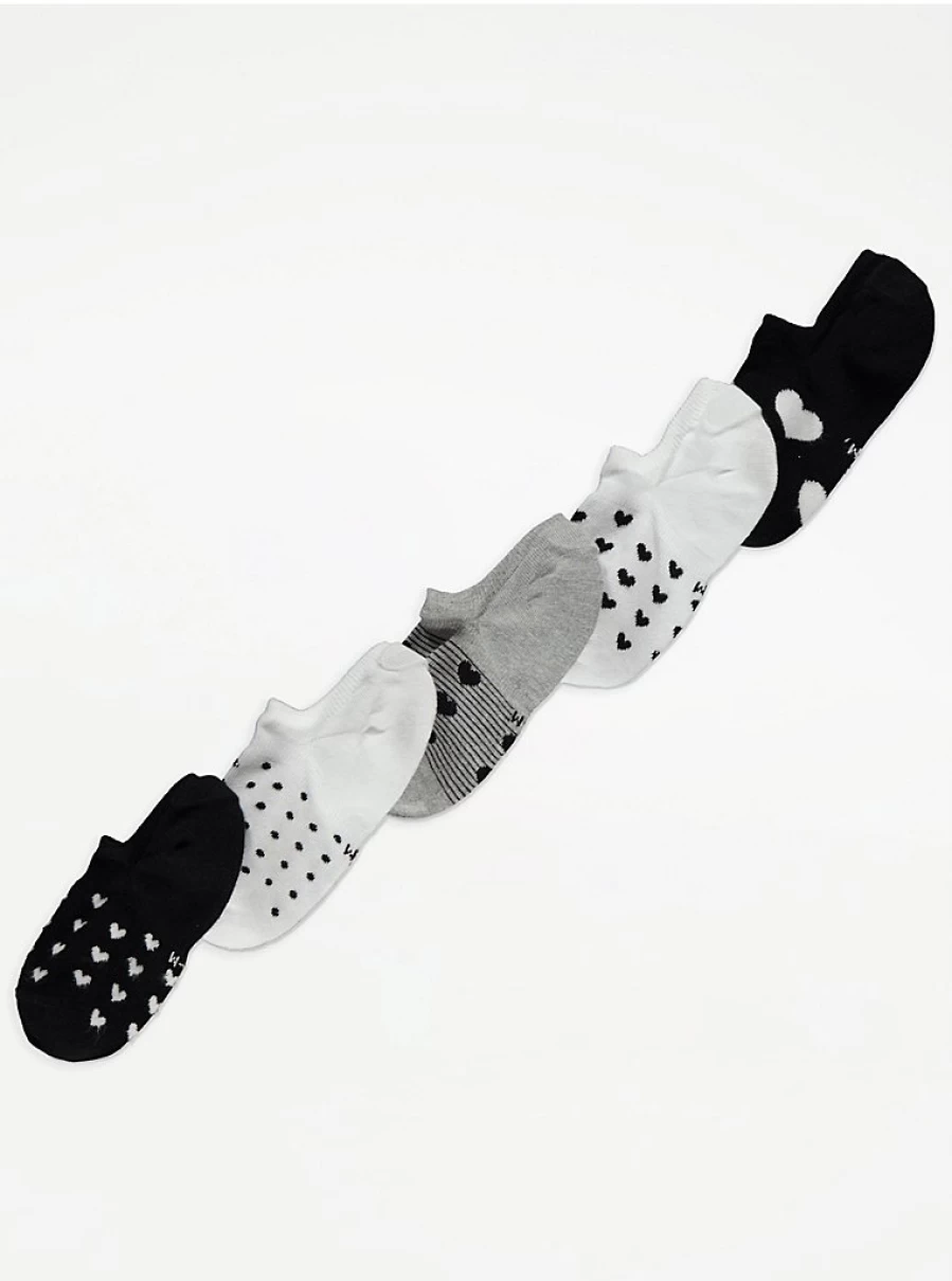 George at Asda No Show Cotton Socks 5 Pack with Heart Spot Design - Comfortable & Breathable Women's Socks