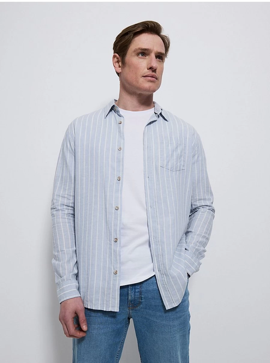 "George at Asda Men's Blue Striped Long Sleeve Shirt - Linen Blend Comfort Fit"