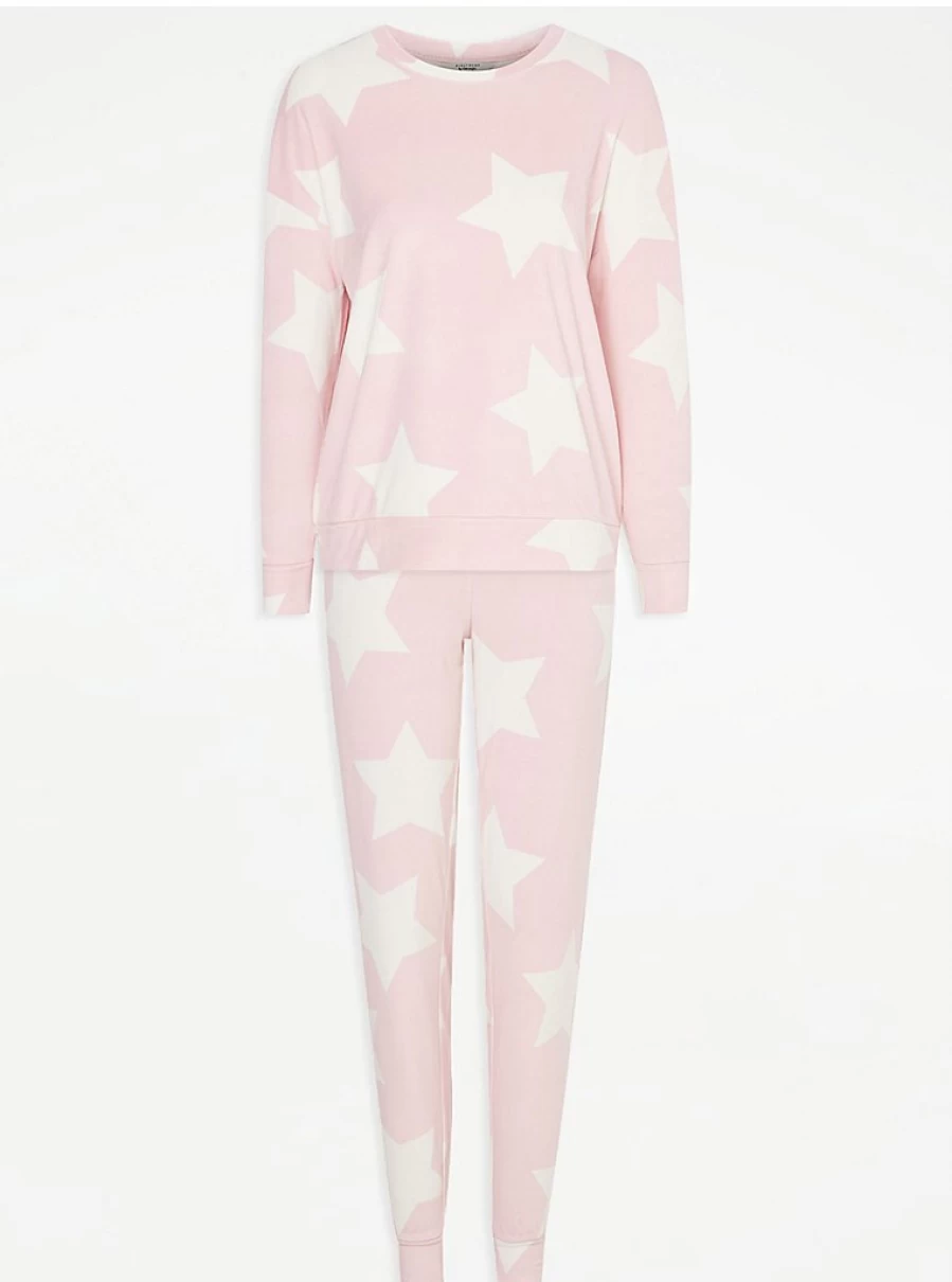 "George at Asda Pink Star Fleece Long Sleeve Pyjamas for Women | Cozy Winter Sleepwear"