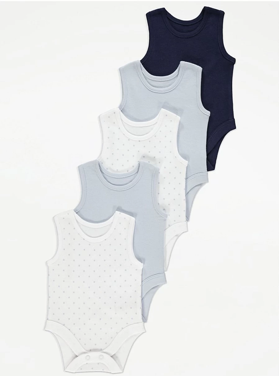 "George at Asda Baby Blue Sleeveless Bodysuits 5-Pack | Soft Cotton Infant Onesies"