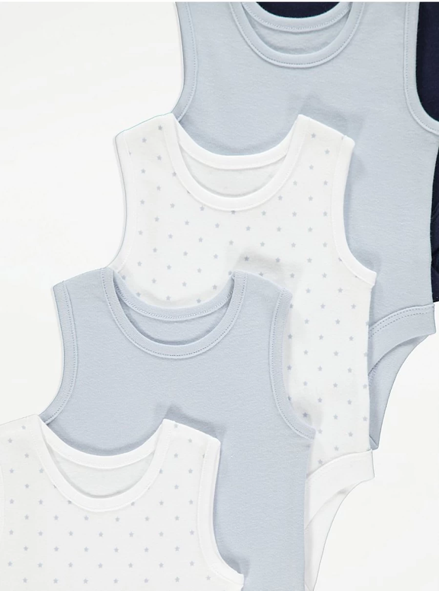 "George at Asda Baby Blue Sleeveless Bodysuits 5-Pack | Soft Cotton Infant Onesies"