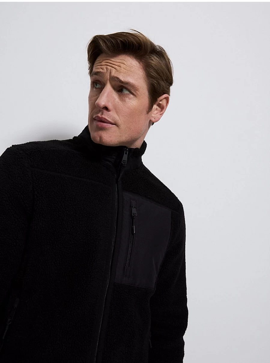 Men's Black Zip-Up Fleece Jacket with Borg Pockets | George at Asda