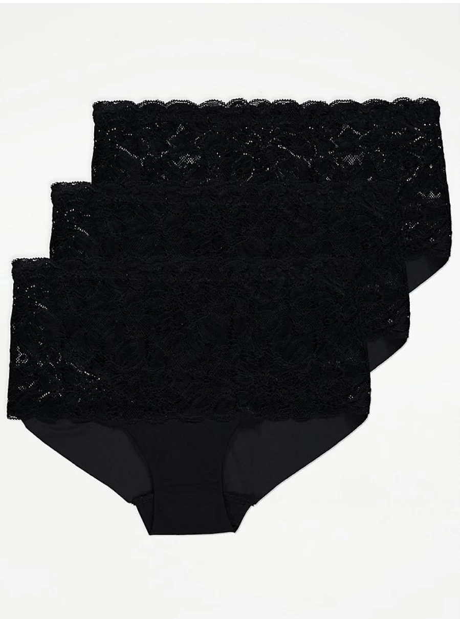 "George at Asda Black Lace Bandeau Midi Knickers 3-Pack | Women's Lingerie Set"