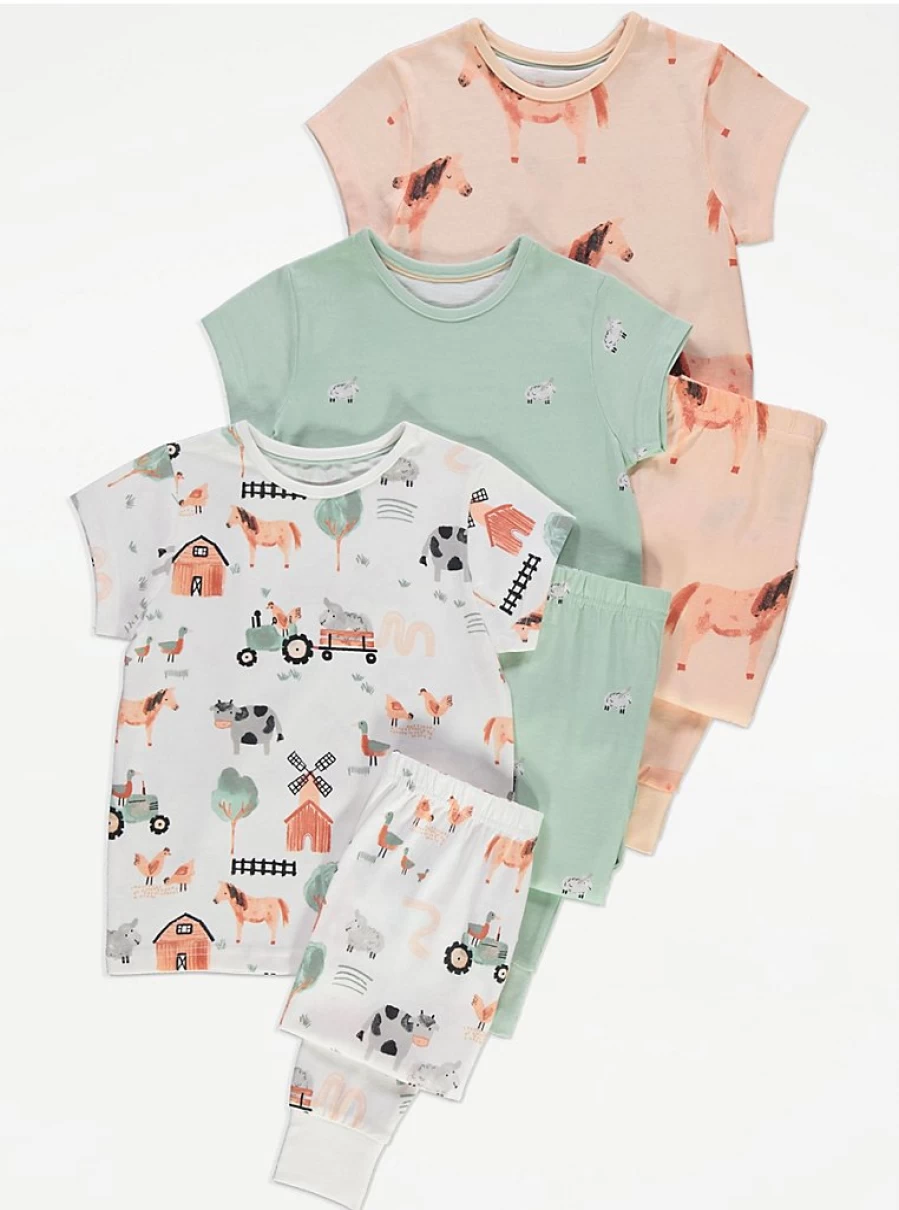 "George at Asda Kids Farm Animals Pyjamas 3-Pack | Soft Cotton Pajama Set for Children"
