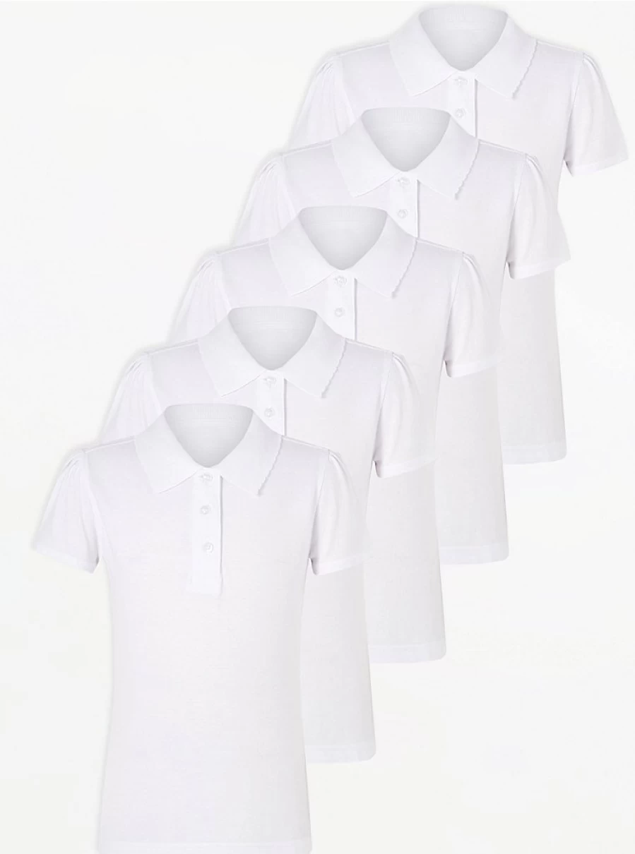 "George at Asda Girls' 5-Pack White Slim Fit Scallop Edge School Polo Shirts"