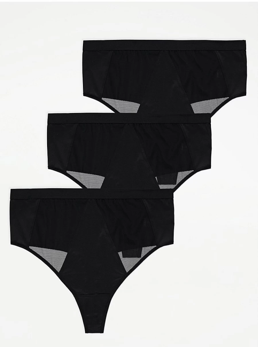 George at Asda Black Mesh High Waisted Thongs 3-Pack - Comfortable Lingerie Set for Women